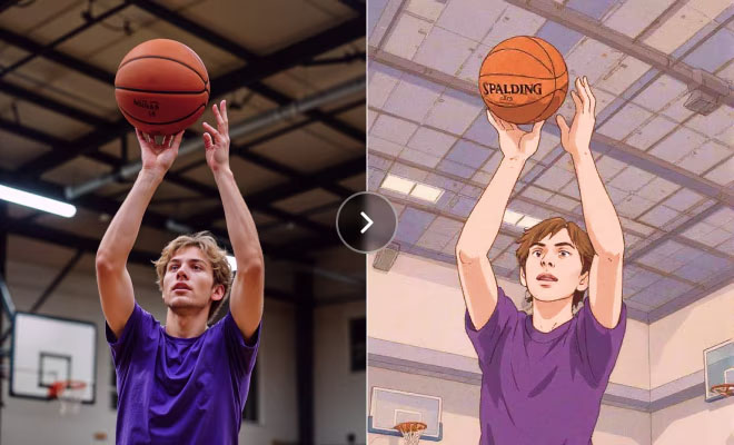 An original photo of a person next to several AI-modified versions with different styles and backgrounds.