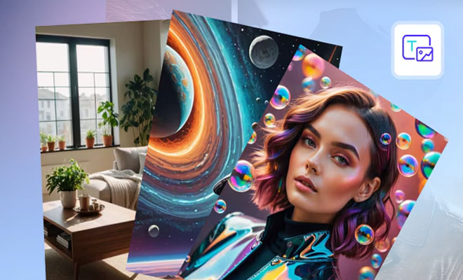 A gallery of diverse images generated from text, showing fantasy landscapes and portraits.